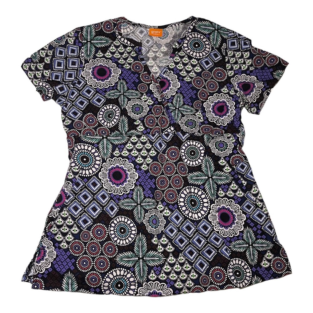 Scrub Top Womens Vneck Multicolor Floral Geometric Short Sleeves Medical Uniform